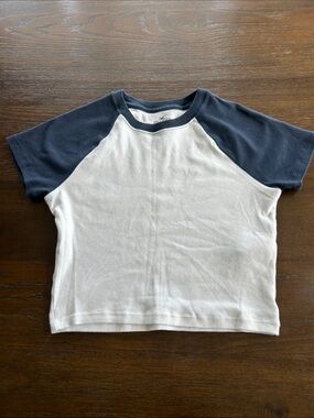 Hollister White Tee with Navy Raglan Sleeves